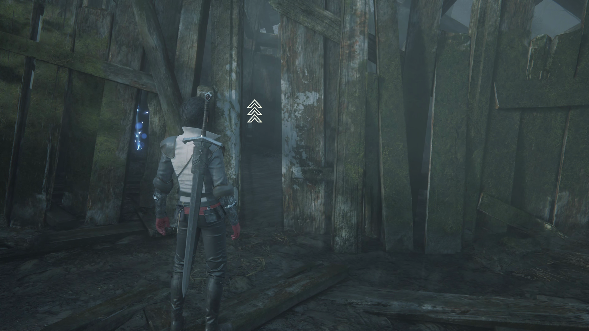 Arrows indicating that Clive can slip between the boards to enter the dilapidated wooden structure