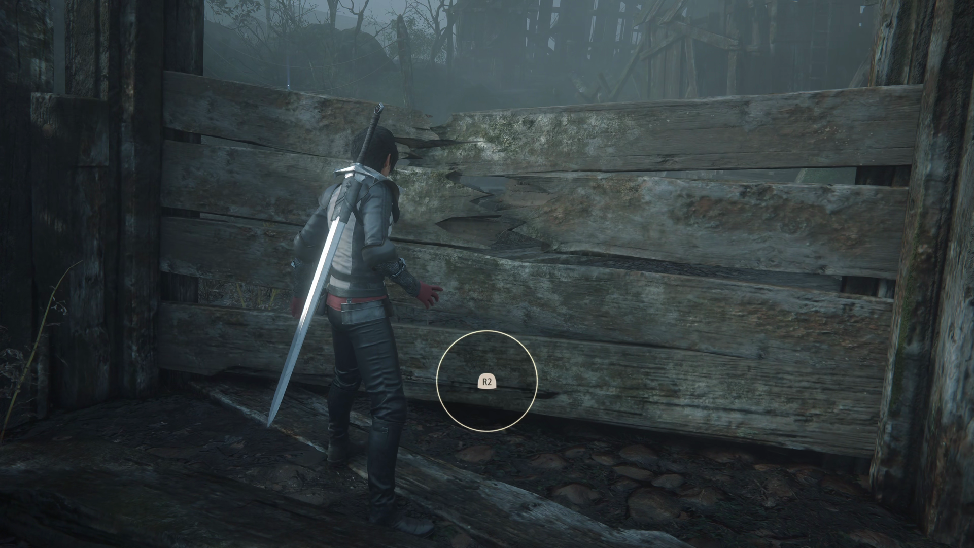 Pressing the R2 button to break through a wooden barrier