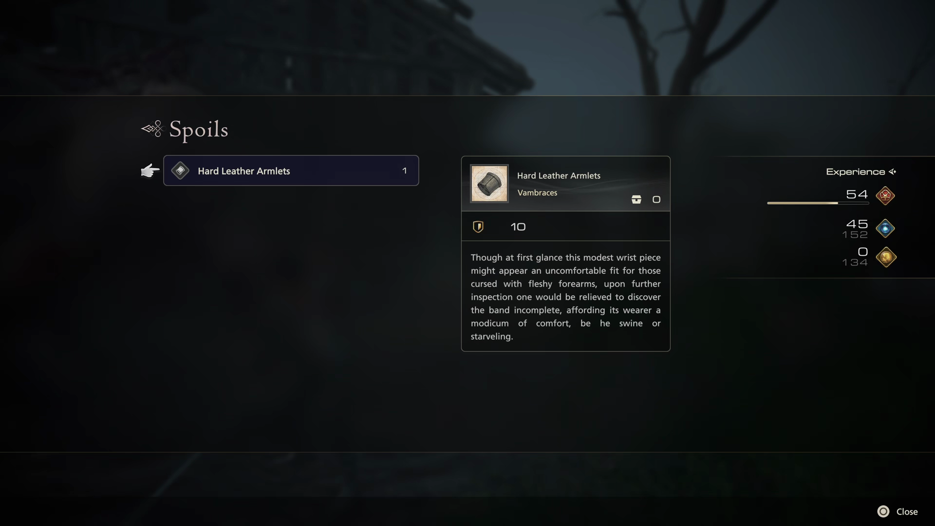 Spoils from the first boss battle which include Hard Leather Armlets