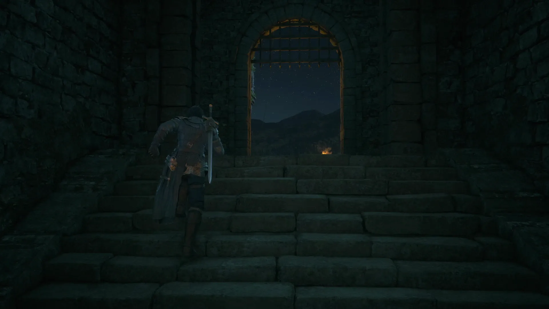 Reaching the top of the stairs in Caer Norvent
