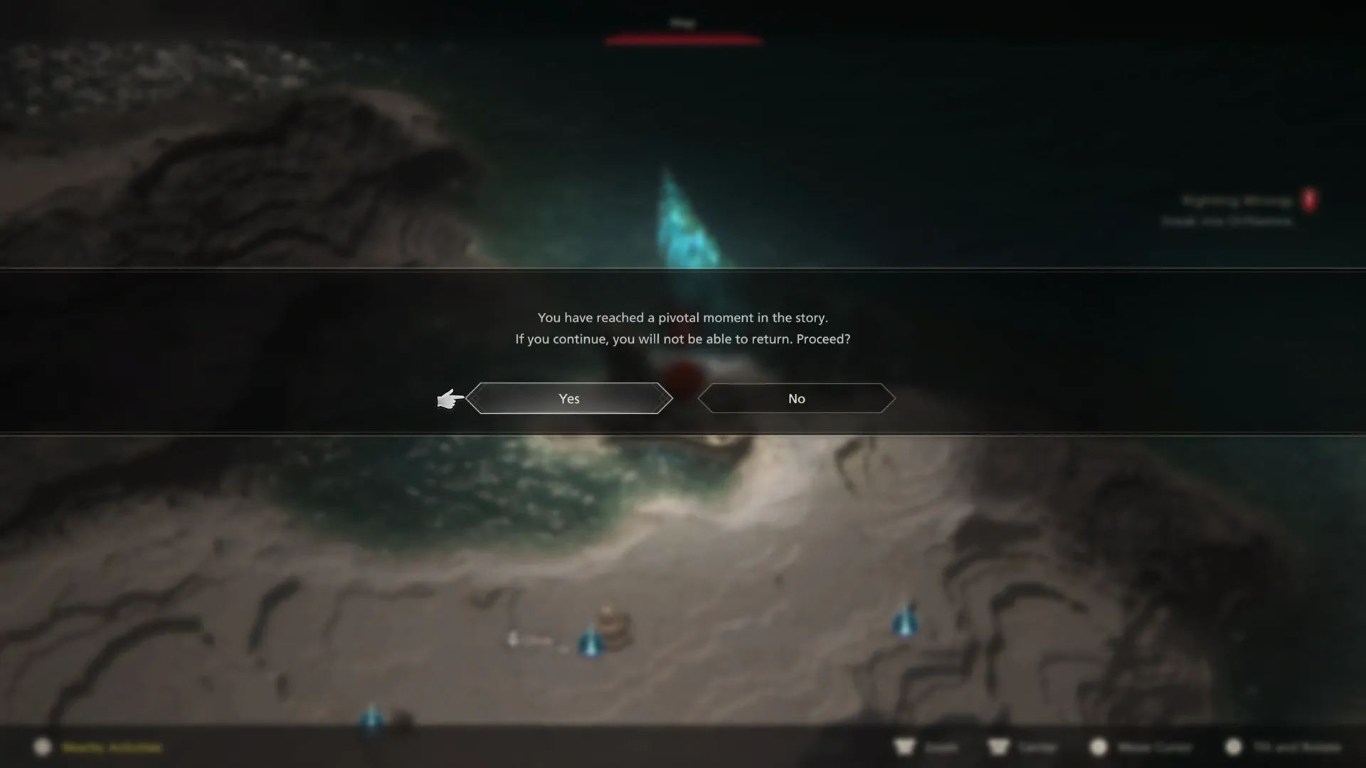 Tutorial message indicating that you’ve reached a pivotal moment in the story and that you won’t be able to return to this point