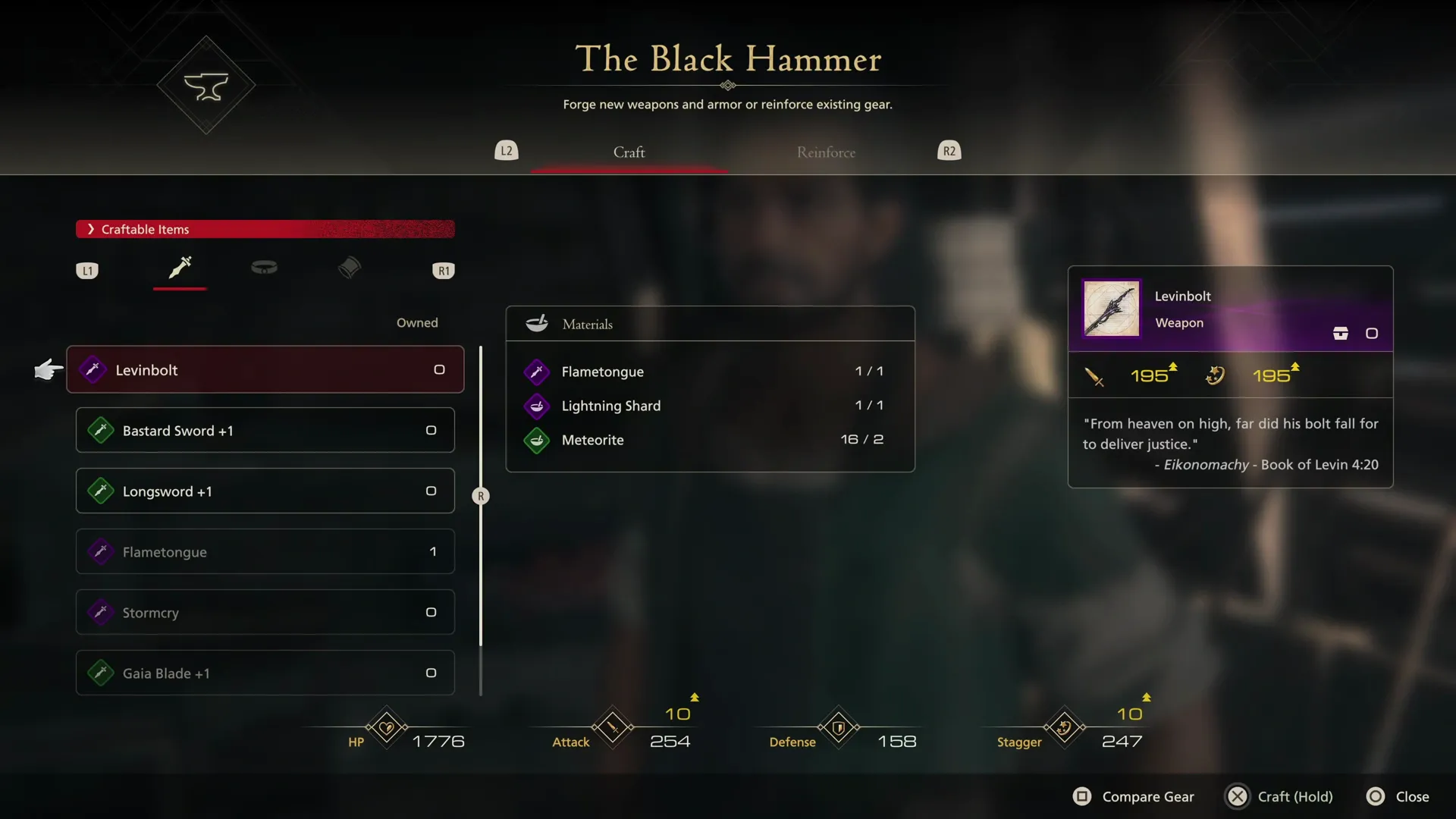 Crafting Levinbolt at the Black Hammer using Flametongue, a Lightning Shard and two Meteorites