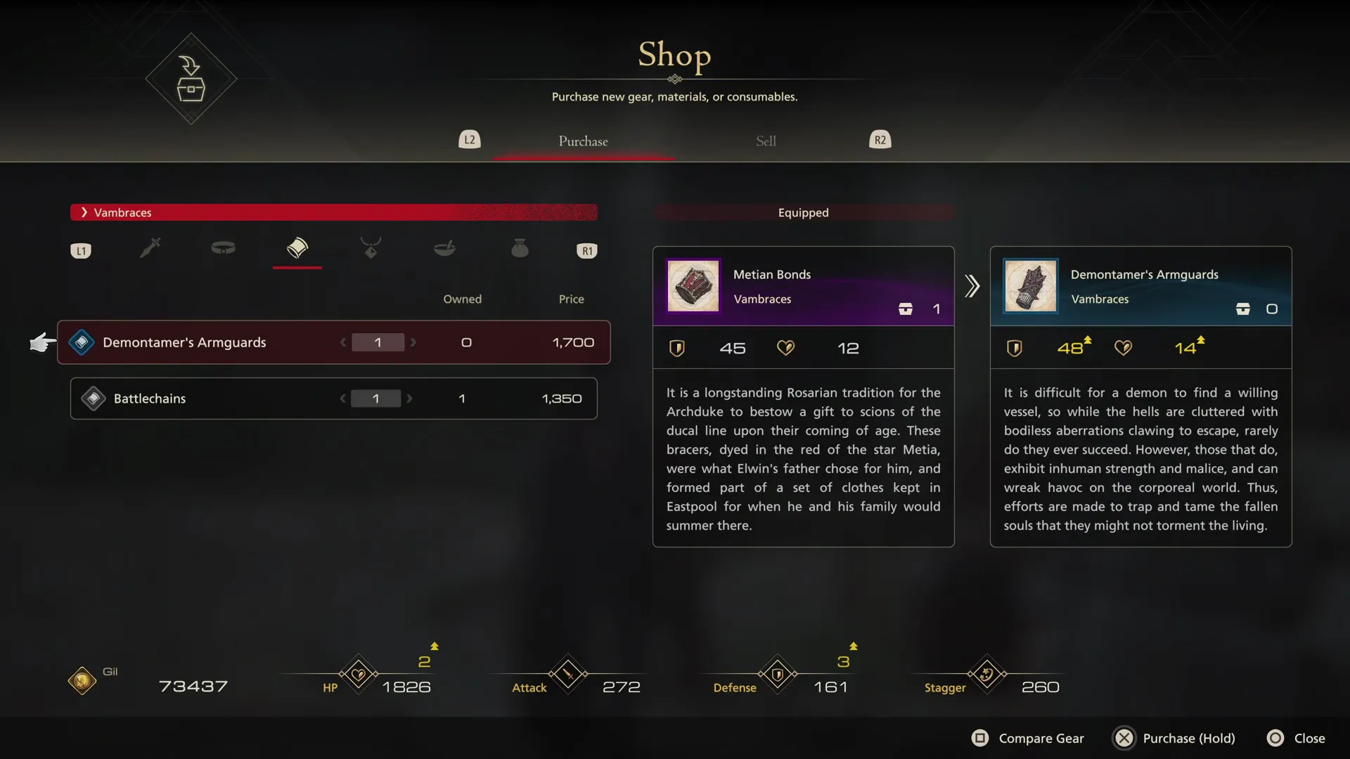 Purchasing the Demontamer’s Armguards from the shop in the Lazarus District