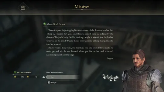Accepting the Blacksmith’s Blues II Optional Quest from the About Blackthorne missive at Clive’s reading table