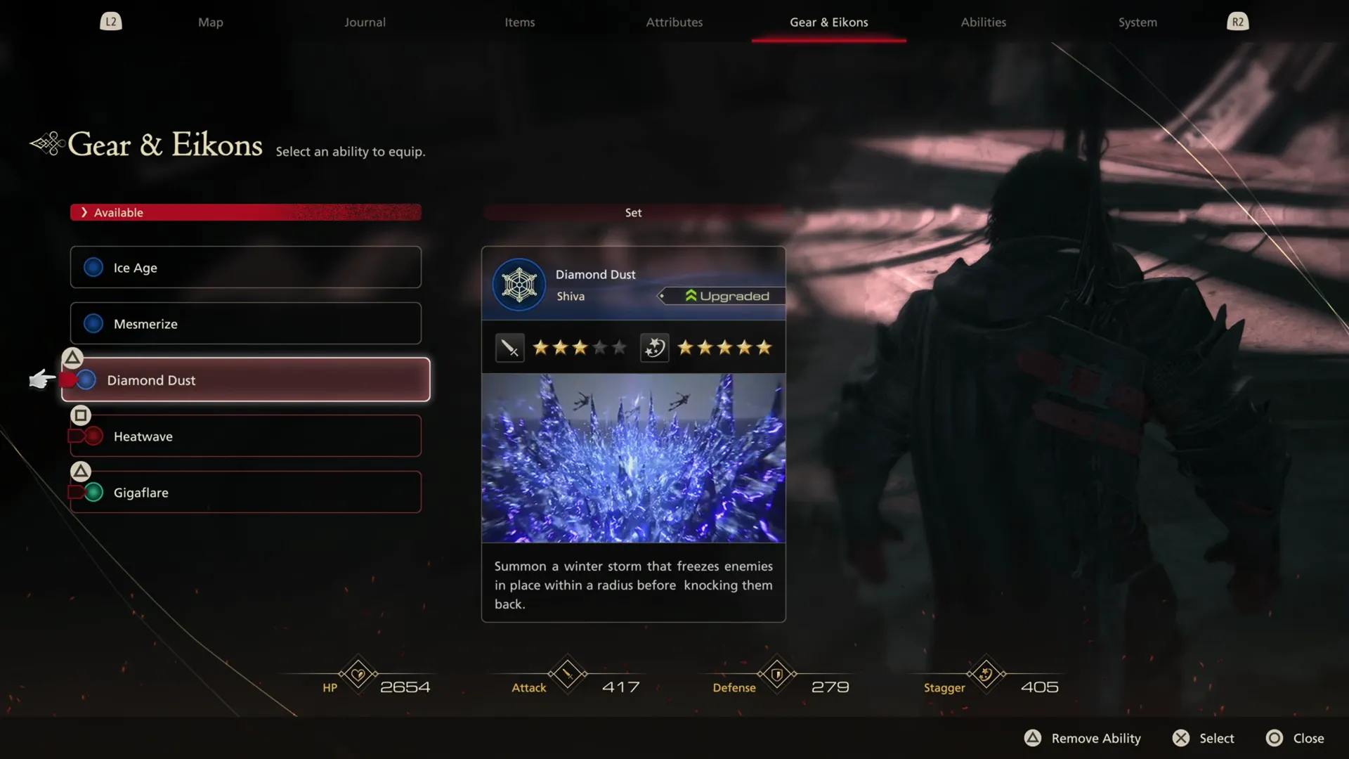 Selecting the Diamond Dust ability on the Gear & Eikons page in the menu screen