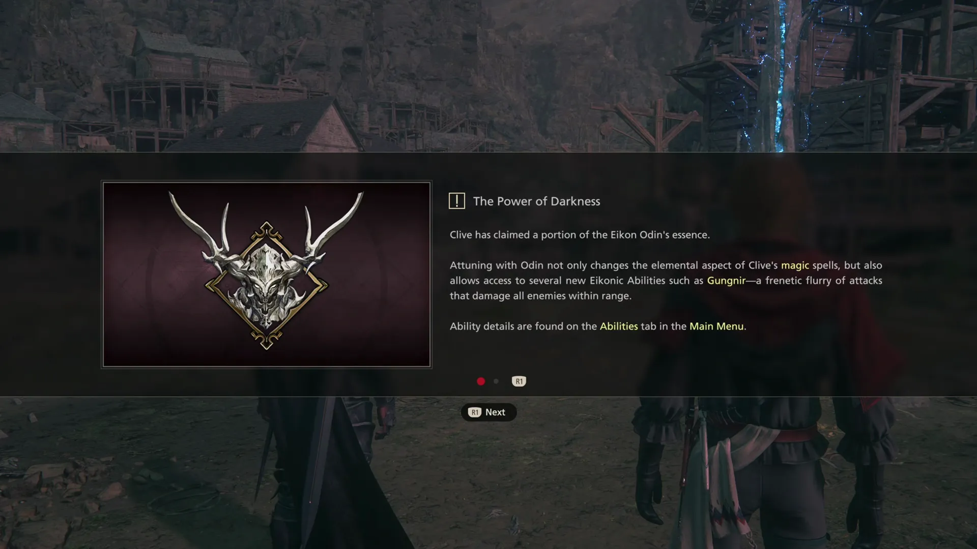 Tutorial message explaining that Clive now has the Power of Darkness through Odin’s essence