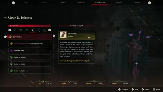 Gear and Eikon tab of the menu screen showing Clive equipping the Genji Gloves