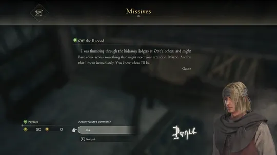 Reading the Off the Record missive to accept the Payback optional quest