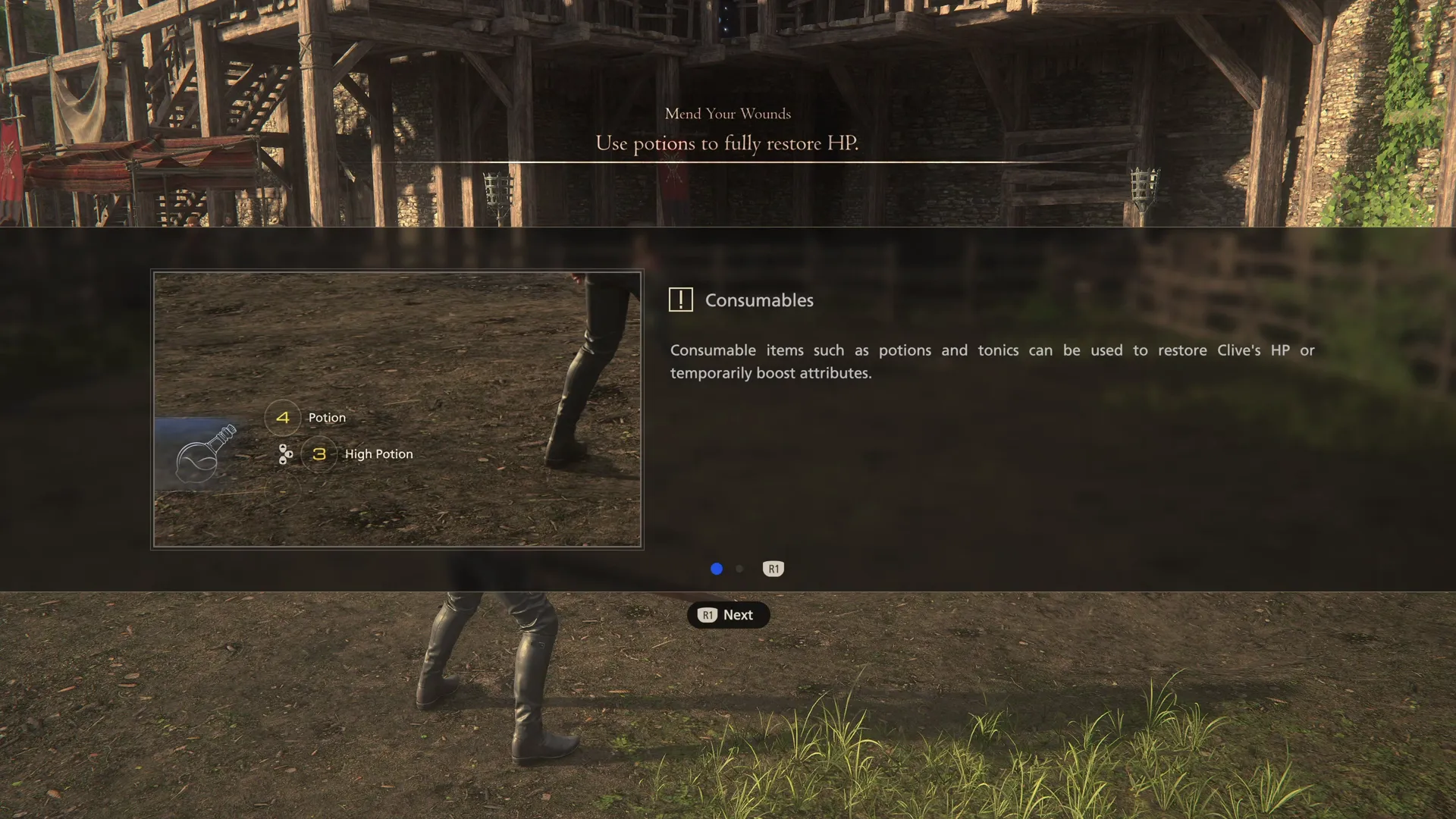 Using potions to restore health during the training session with Lord Murdoch