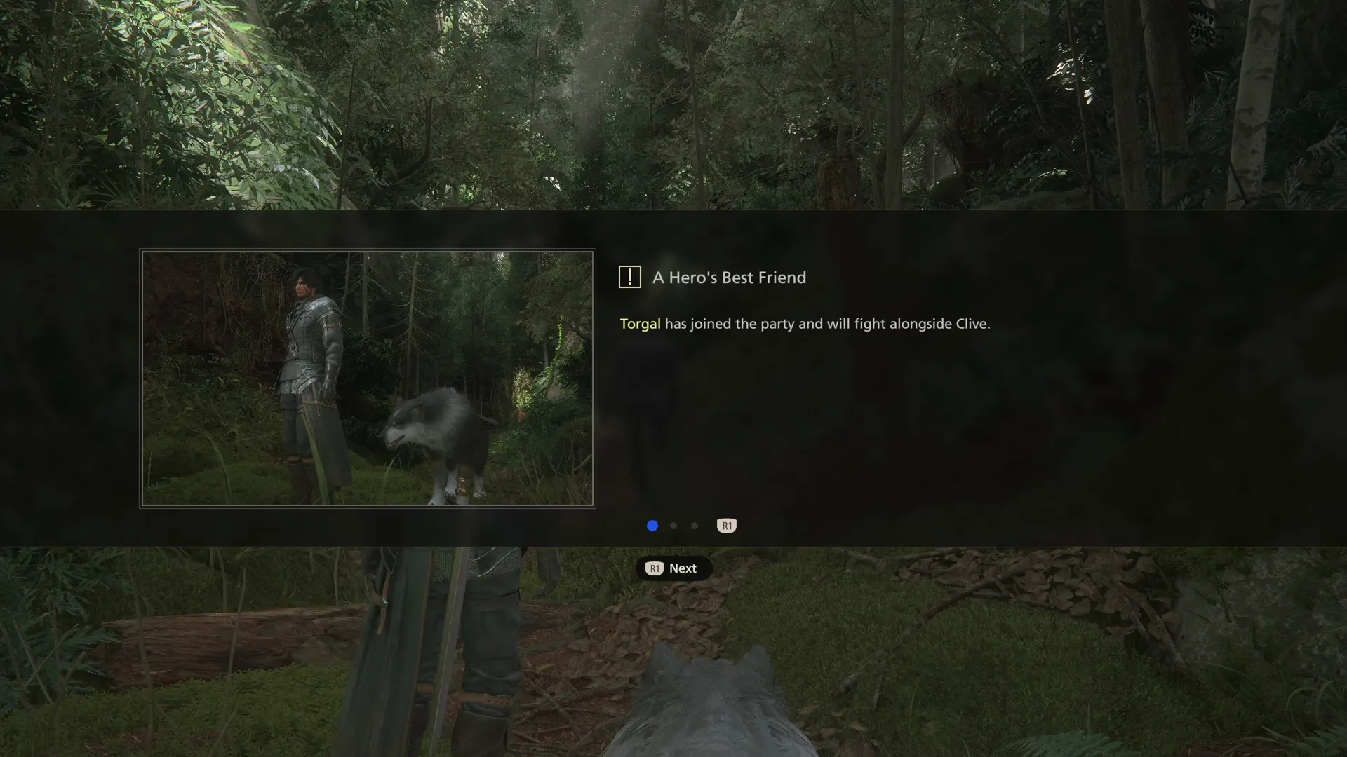 Tutorial message explaining that you can now control Torgal as one of your party members