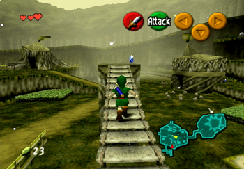 Link approaching a Blue Rupee on the upper platform in Kokiri Forest