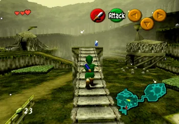 Link approaching a Blue Rupee on the upper platform in Kokiri Forest
