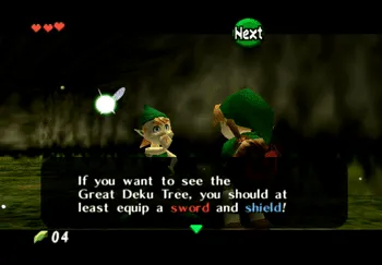 Mido preventing passage to the Great Deku Tree asking Link to obtain a sword and shield