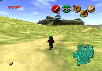 Link approaching Lon Lon Ranch in the middle of Hyrule Field