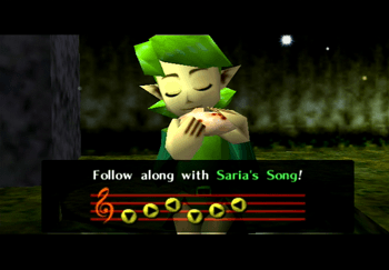 Young Link playing Saria’s Song in Darunia’s Chamber in Goron City