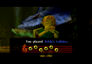 Playing Zelda’s Lullaby in front of a Gossip Stone