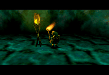 Link using a Deku Stick to light the torches in the room