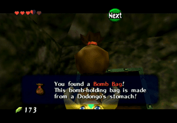 Obtaining the Bomb Bag made out of Dodongo’s stomach from the treasure chest