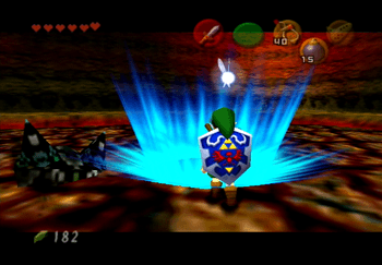 Stepping into the warp portal to complete the Dodongo’s Cavern
