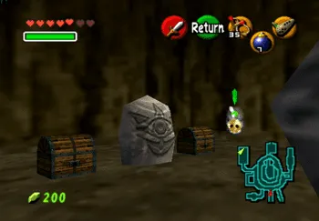 Gold Skulltula beside two chests and a Gossip Stone in Goron City