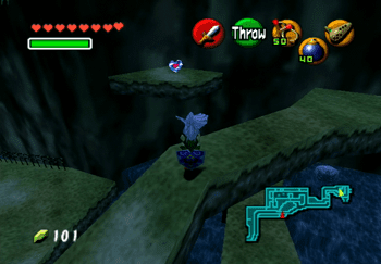 Jumping across to the platform to grab the Heart Piece in the Zora’s River