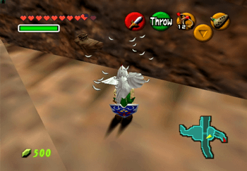 Link with a Cucco approaching the edge of the cliff