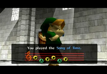 Link playing the Song of Time on the Ocarina of Time in the Temple of Time