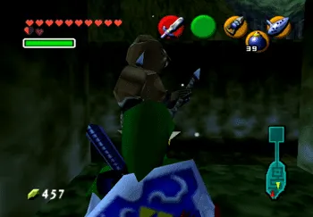 Link looking at a Moblin walking past