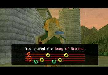 Link playing the Song of Storms in the Hyrule Castle Courtyard