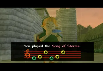 Link playing the Song of Storms in the Hyrule Castle Courtyard