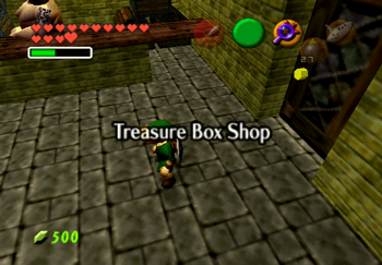 Link entering the Treasure Box Shop in Hyrule Castle Market