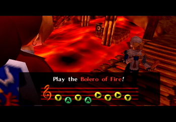 Sheik teaching Link the Bolero of Fire in the Death Mountain Crater