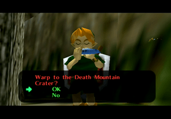 Young Link warping back to the Death Mountain Crater using the Bolero of Fire