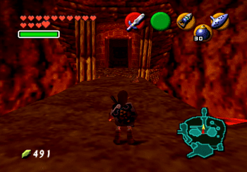 Link standing in front of the entrance to the Fire Temple