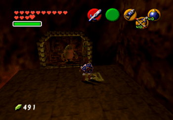 Standing on a switch to free a Goron from the prison cell