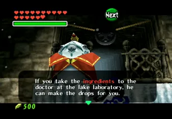 Speaking to the Zora King after unfreezing him and presenting him with the Prescription