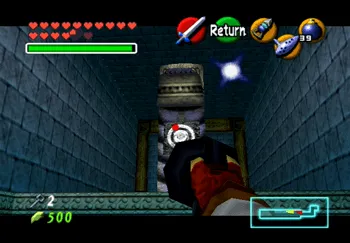 Targeting the switch on the dragon statue with the Hookshot