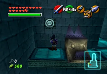 Targeting the Hookshot target to the left of the stone dragon