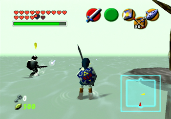 Link using the Biggoron’s Sword during the battle against Dark Link in the Water Temple