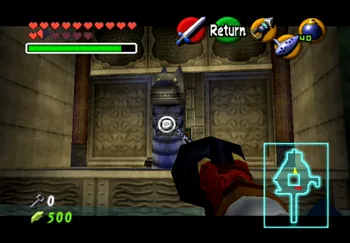 Aiming the Longshot at the target on the dragon statue