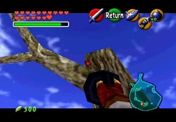 Aiming the Longshot up at the tree in the center of Lake Hylia