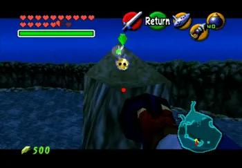 Standing in the tree in Lake Hylia obtaining a Gold Skulltua