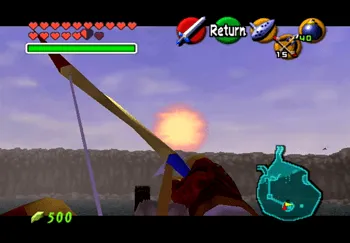 Aiming an arrow up at the Sun as it rises over the island in the center of Lake Hylia