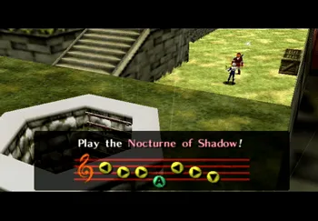 Sheik teaching Link the Nocturne of Shadow in Kakariko Village