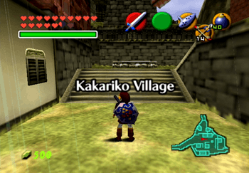Link in the center of Kakariko Village after the fire cinematic