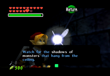 Navi warning Link to watch for the shadows of monsters that hang from the ceiling - a Wallmaster