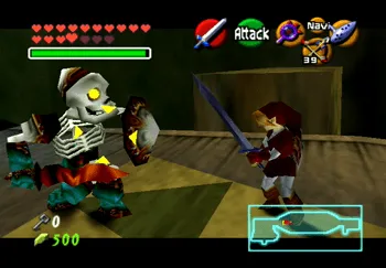 Battling a Stalfos on the ghost ship in the Shadow Temple