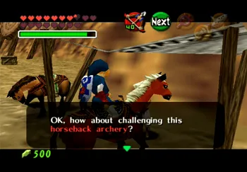 Speaking to the Gerudo Guard to start the Horseback Archery mini-game