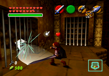 Using the Biggoron’s Sword to attack the crystal through the bars