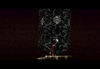 Link lifting up a large stone in the Fire Trial using the Golden Gauntlets